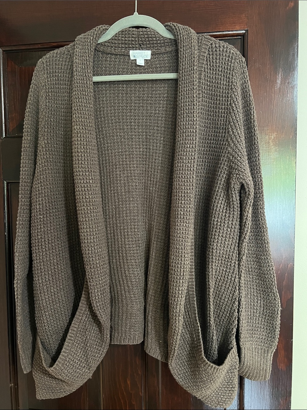 Market & Spruce Chocolate Brown Open-Front Waffle Knit Cardigan
